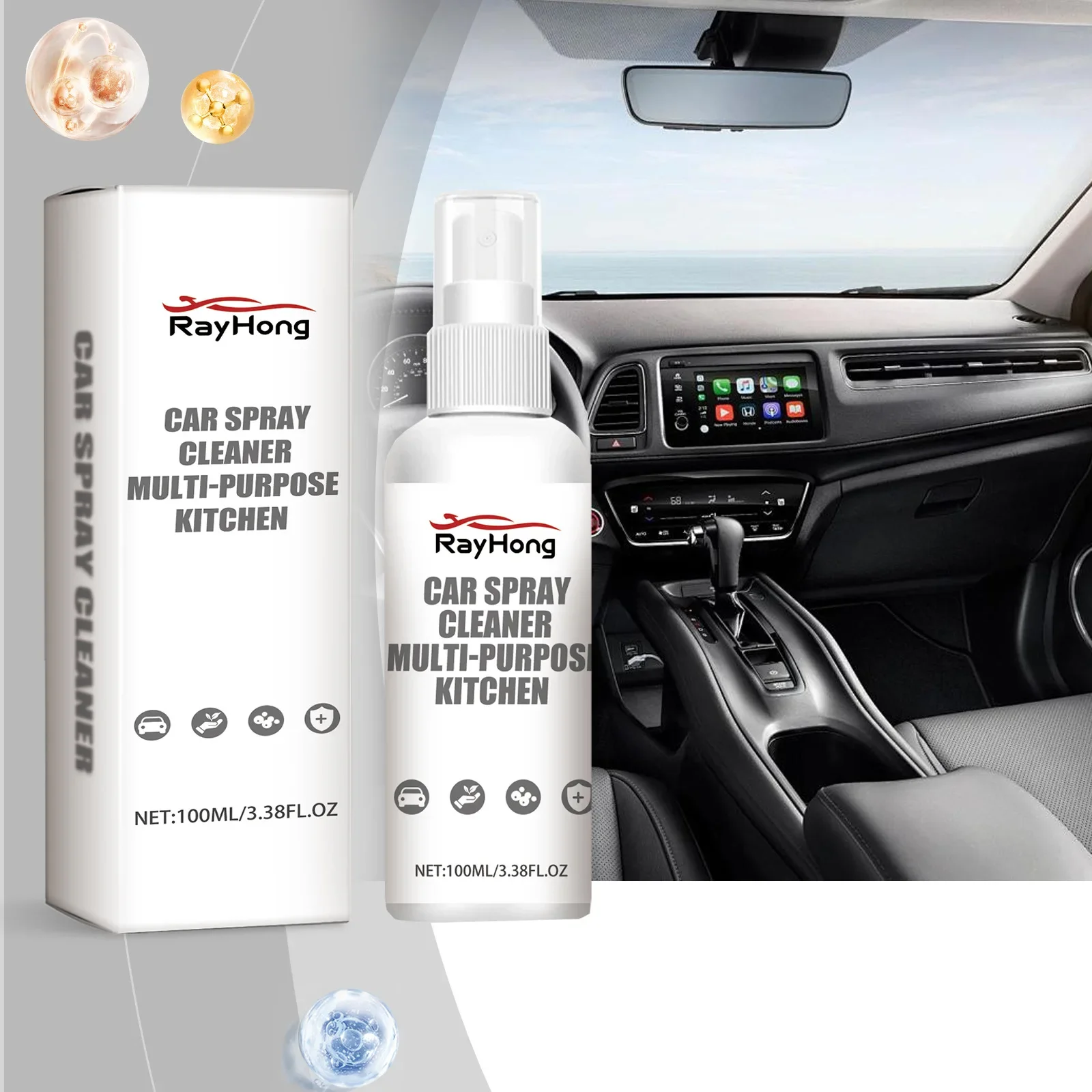 

Multi-Surface Car Cleaner Spray 100ml - Interior & Glass Degreaser, Removes Stains & Odors, Safe for Leather, Plastic & Fabric