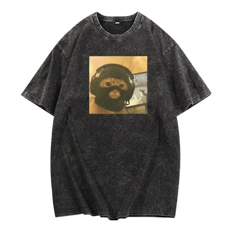 

Funny Gaming Cat T-Shirt Men's Women's Tactical Gamer Meme Print Tee Headset Kitten Graphic Top E-Sports Lover Gift Casual