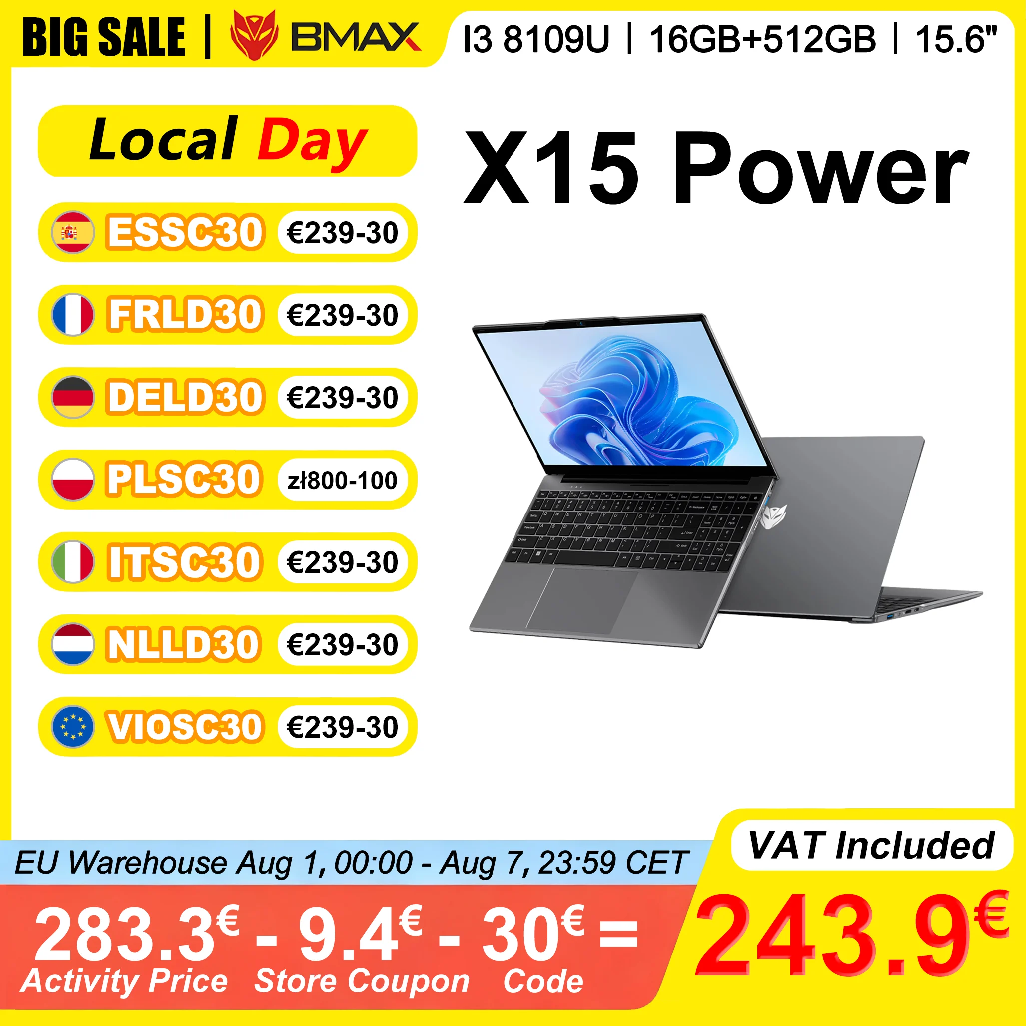 BMAX X15 Power Laptop 15,6 pulgadas 16GB RAM 512GB SSD Intel I3-8109U Windows 11 Notebook 1920*1080 HDMI Wifi USB PC