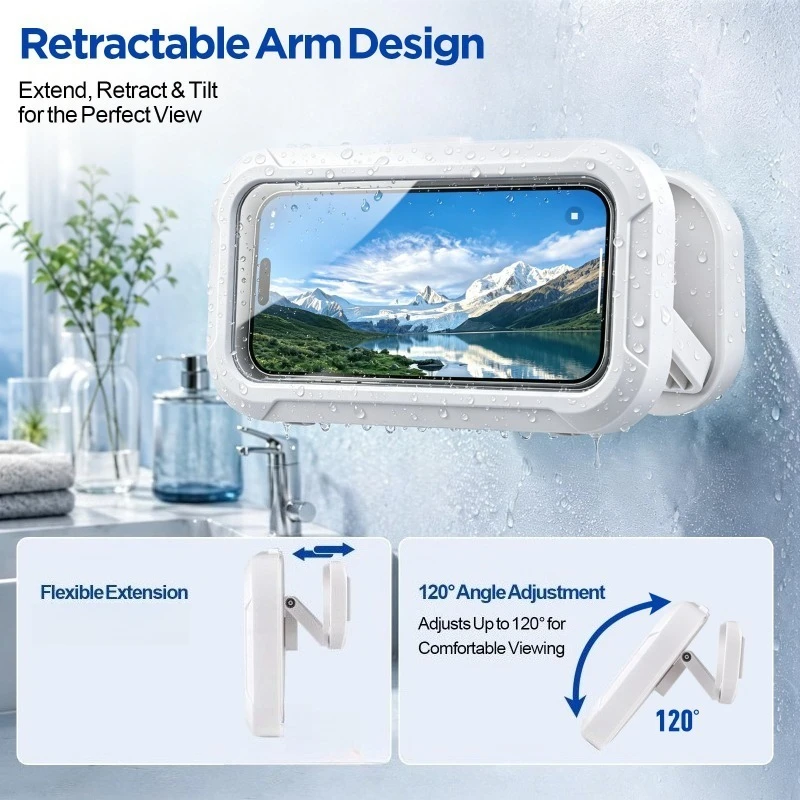 Selbstklebende, beschlagfreie, wasserdichte Dusch-Handyhalterung, universelle Touchscreen-Handyhülle mit Ablauf für das Badezimmer – Detail 4