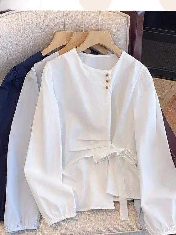 

Корейский Sle Long Sve irt, женский модный молодежный топ с завязками, асимметричная блузка, ранняя осень, Новое поступление