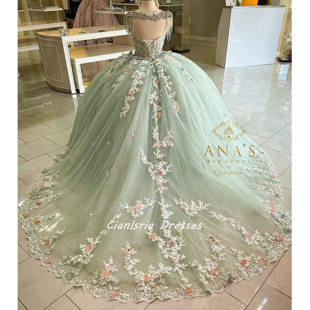 Mint Green Beading Tassel Quinceanera Dress Ball Gown Off The Shoulder 3D Flowers Appliques Corset Sweet 15 Vestidos De XV Años