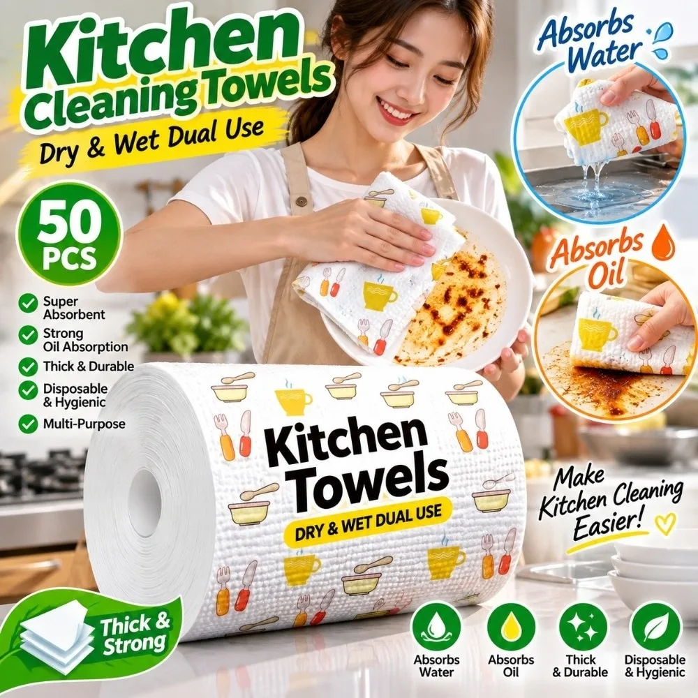 50pcs Disposable Kitchen Paper Towels Washable Printed Disposable Dishcloth Absorbent Pearl Embossed Non Woven Lazy Rag