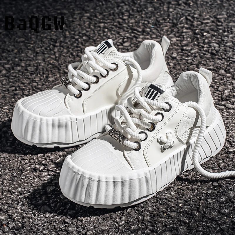

Lace-up Black and White Colorblock Chunky Platform Casual Sneakers with Striped Toe Cap for Women Men Daily Streetwear Walking