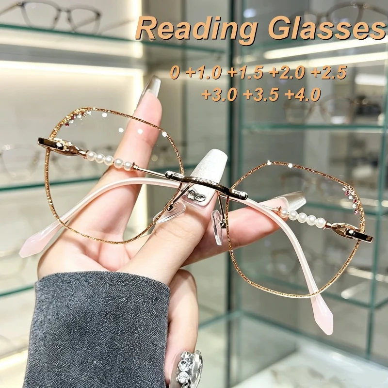 2026 Fashion Luxury Diamond Frameless Cutting Edge Women's Reading Glasses Ultra Light Pearl Large Frame Anti Blue Light Glasses