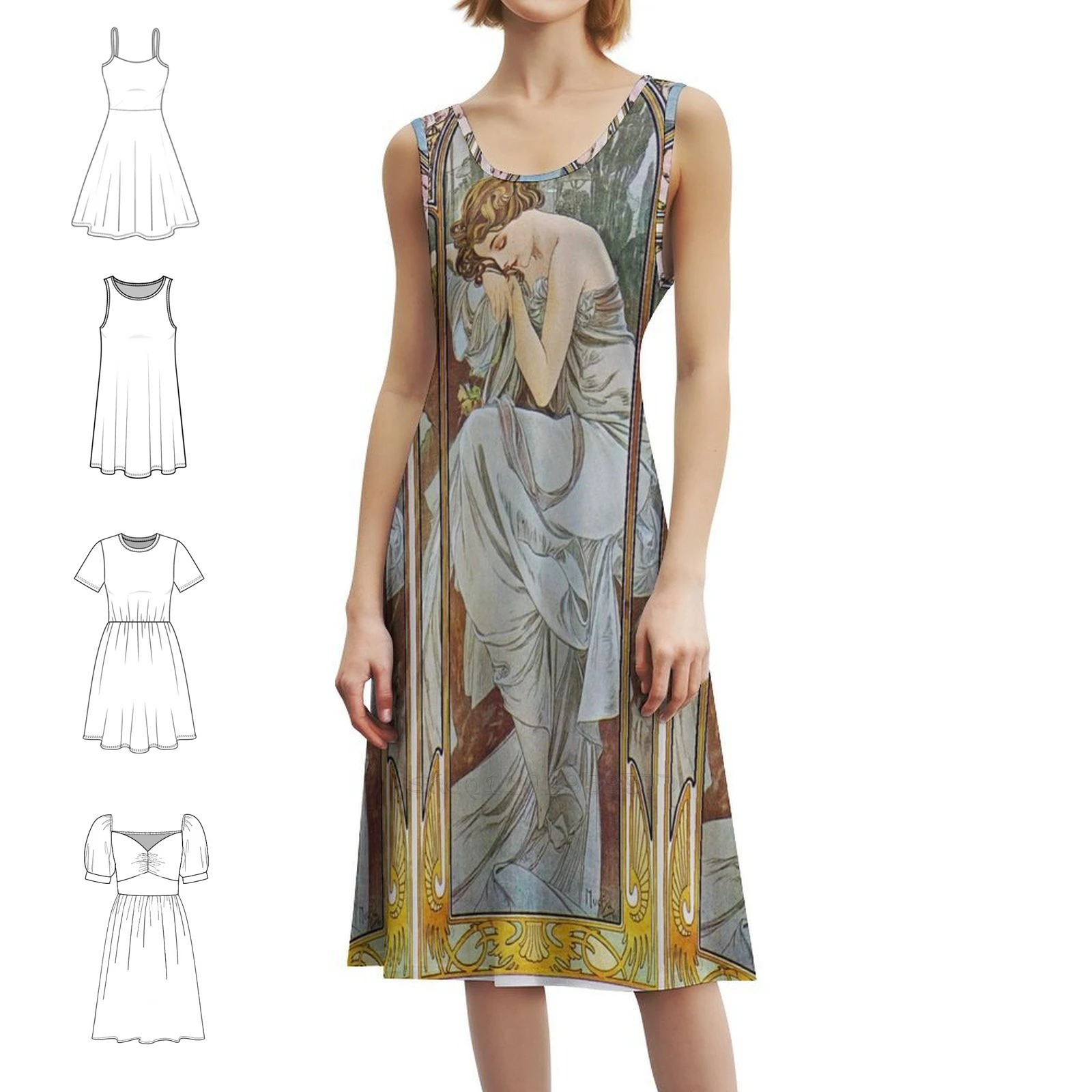 

Мини-платье Alphonse Mucha-Nocturnal Slumber в консервативном стиле для женщин, свободное повседневное платье трапециевидной формы, повседневное повседневное платье для макияжа для девочек, весеннее здоровье