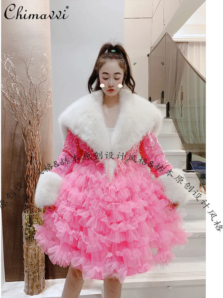Women's Winter Cotton Jacket New Korean Fashion Sweet Big Fur Collar Fleece Lined Thick Shiny Cloud Yarn Warm Cotton Coat Top