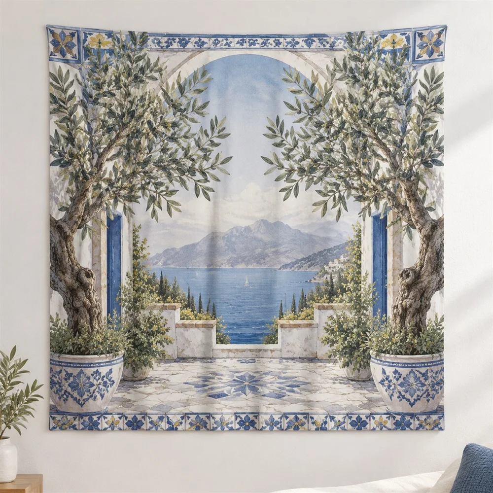 VIKAMA Olive Tree Grove Mirror Symmetric Tapestry Wall Hanging, Mediterranean Wall Decor Tapestries for Living Room Bedroom