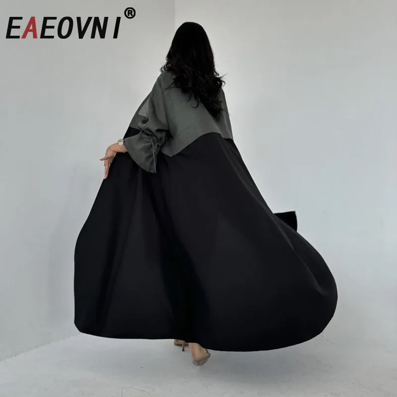 

EAEOVNI модное длинное пальто контрастного цвета в стиле пэчворк для женщин, свободная ветровка с рукавами на шнуровке, новинка 2025, 1A1629