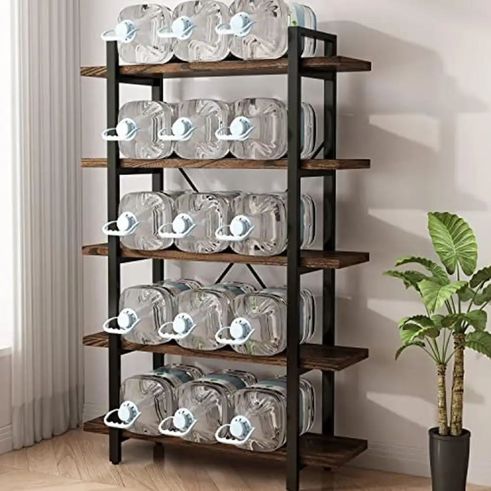 5-Tier Rustic Industrial Style Wood Bookcase Shelving Unit Living Room Modern Open Shelf Display Stand Solid Wood and Metal