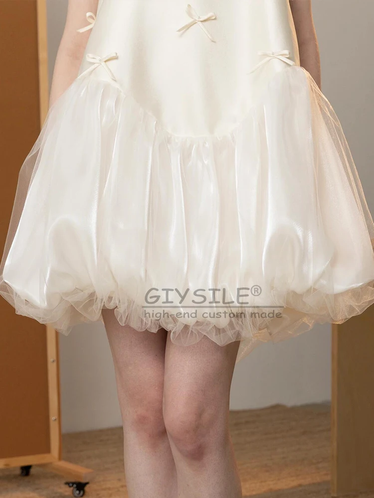 GIYSILE فساتين زفاف قصيرة مخصصة برقبة دائرية بدون أكتاف طيات تنانير منتفخة رداء حفلات للنساء فساتين زفاف من الساتان الناعم