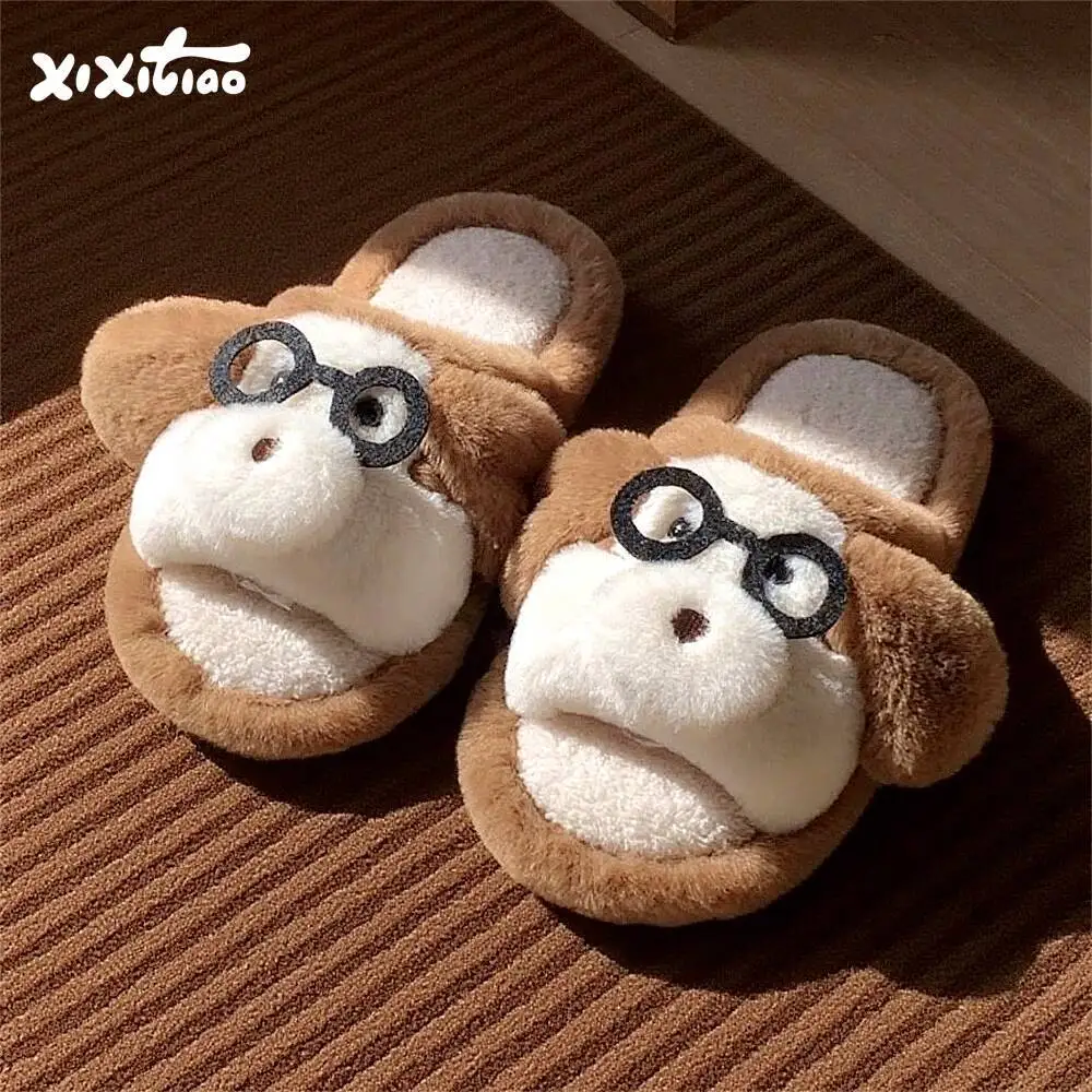 

Autumn Winter Couple's Furry Home Slippers Cute Monkey & Puppy Design Unisex Warm One-Strap Cotton Indoor Household Slipper