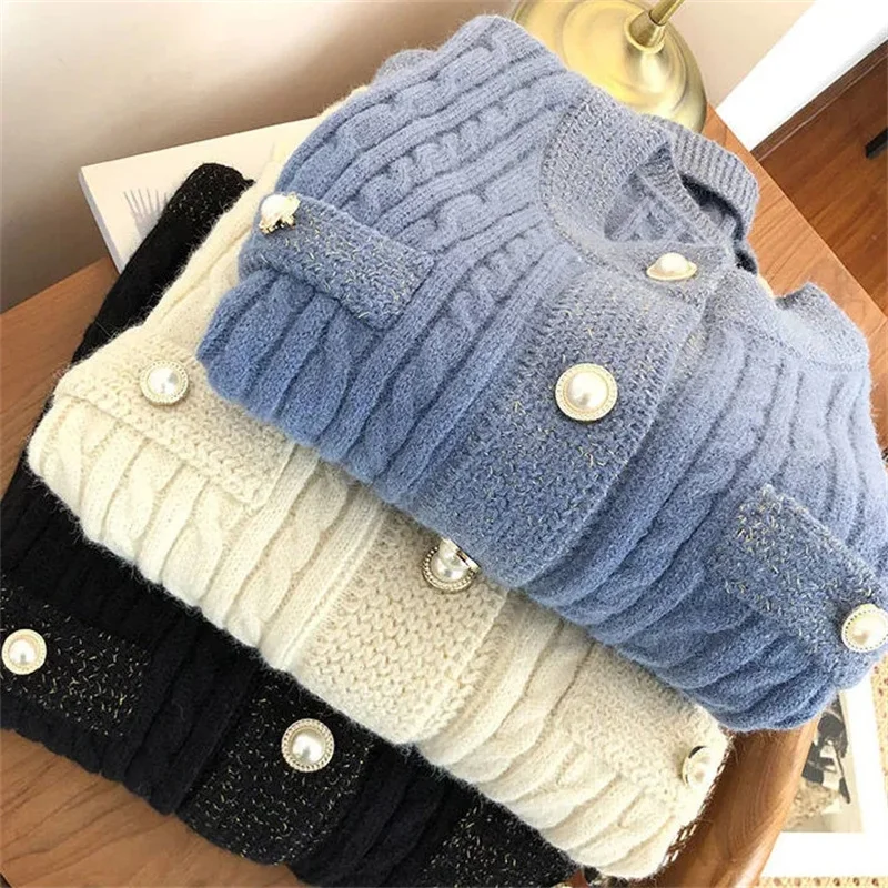 Elegant Button V-neck Women Cardigans With Pocket Harajuku Knitted Coat Korean Fashion Knitwear Tops Female O-neck Outwear Tops