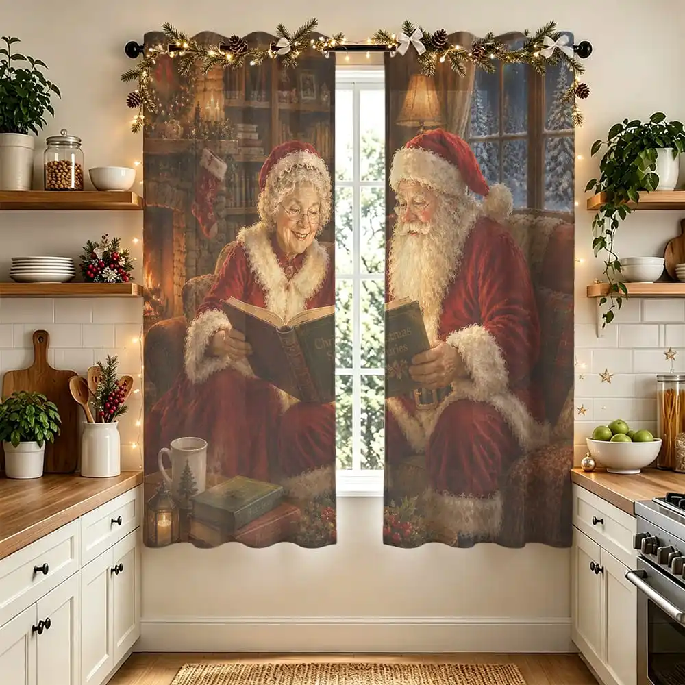 2pcs Christmas Santa Couple Reading Books Double Sided Curtains Hanging Hole Shading Window Drapes for Living Room Bedroom Ho