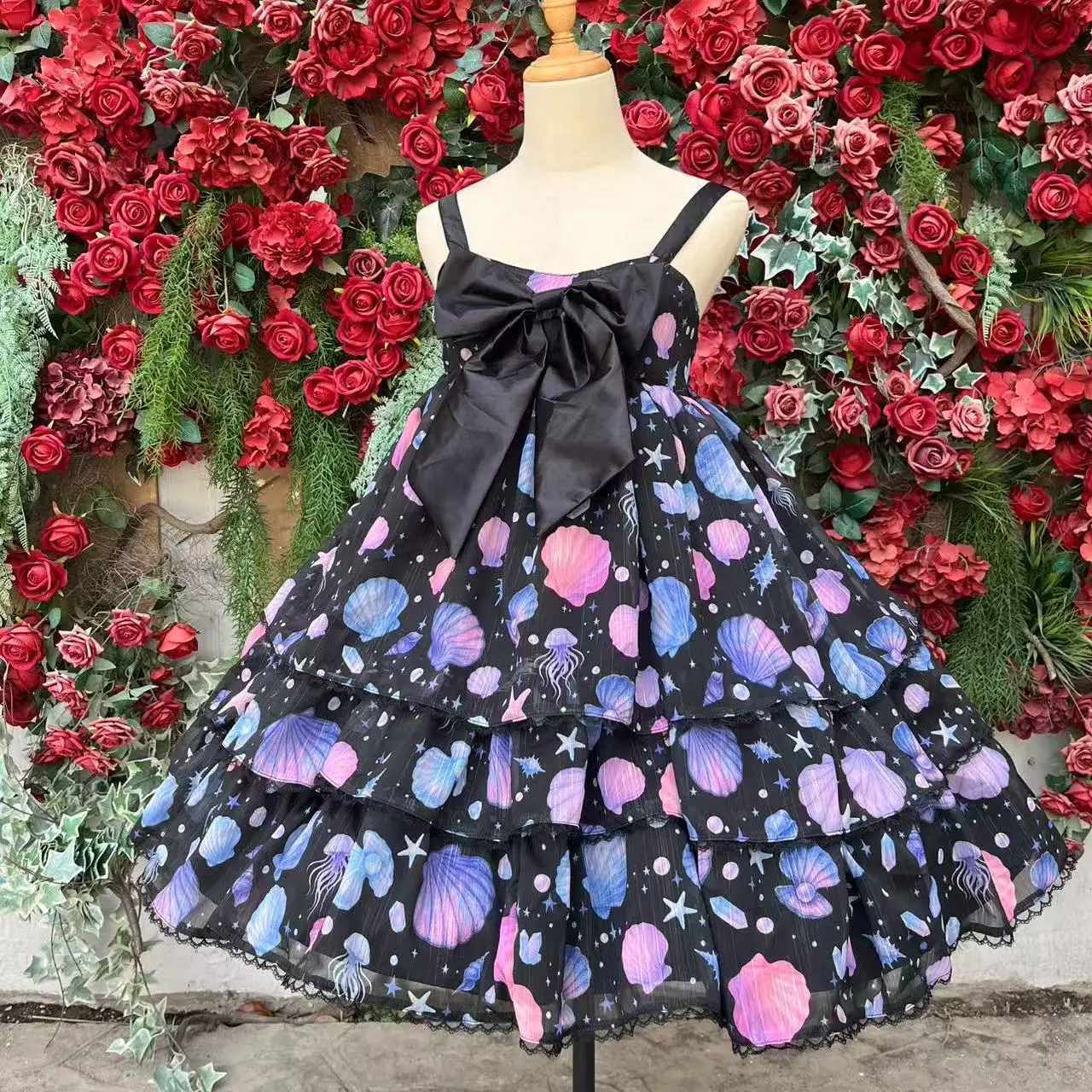 SOIOMES Concha subaquática rosa roxo três camadas bolo saia lolita cinta saia estudante jsk vestido