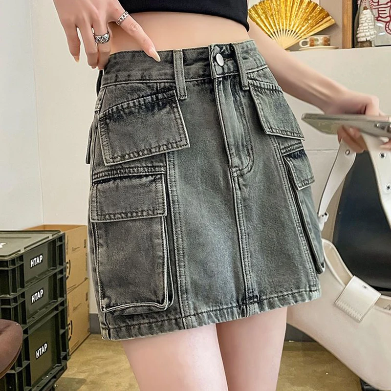 Cementgrijze Werkkleding Denim Korte Rok Voor Dames, Zomer 2024 Nieuwe Hoge Taille, Heup Knuffelen, Pittige Meisje Half Body Rok