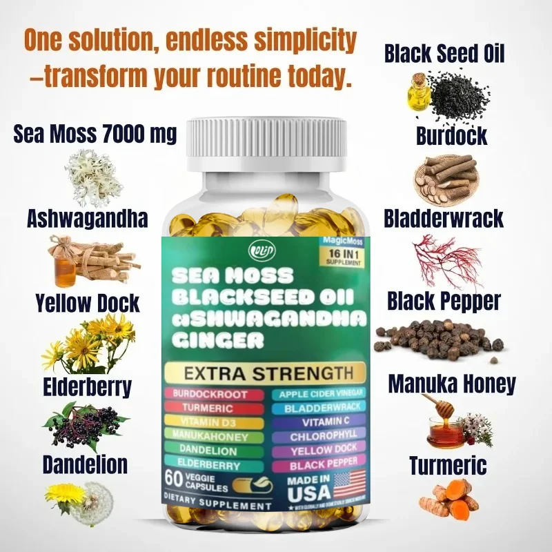 Organic Irish Seaweed Black Seed Oil Ginger Burdock Root Knife Moss Ginger Yellow Black Pepper Vitamin C Vitamin D3-60 Capsules