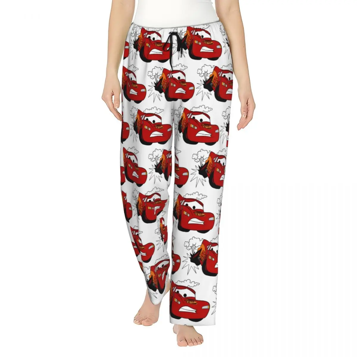 Custom Printed Women\'s Lightning Mcqueen Cartoon Cars Pajama Pants Sleepwear Sleep Lounge Bottoms with Pockets