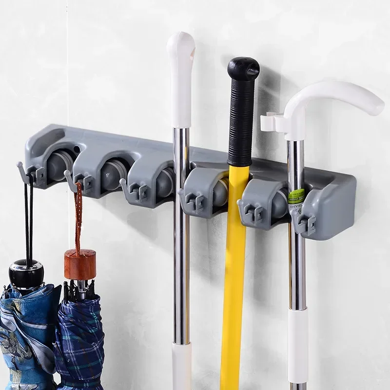 Wall Mounted Mop Holder 3/4/5 Position Multi-Functional Broom Hanger Shelf Home Kitchen Storage Magic Plastic Mop Hanger Stand