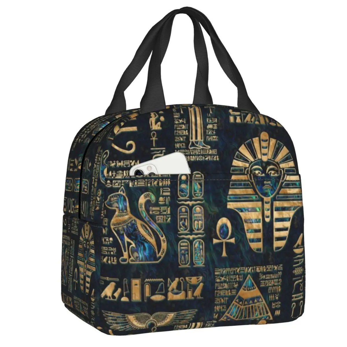 

Custom Egyptian Hieroglyphs And Deities Insulated Lunch Bag for Camping Travel Waterproof Thermal Cooler Lunch Box Women Kids