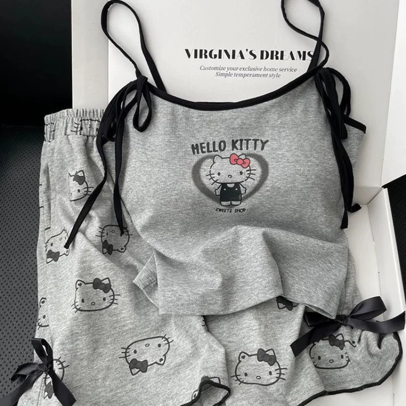 

Hot Sanrio Hello Kitty Cute Kawaii Cartoon Suspenders Set Women Summer Girls Students Sweet Drawstring Shorts Homewear Outside