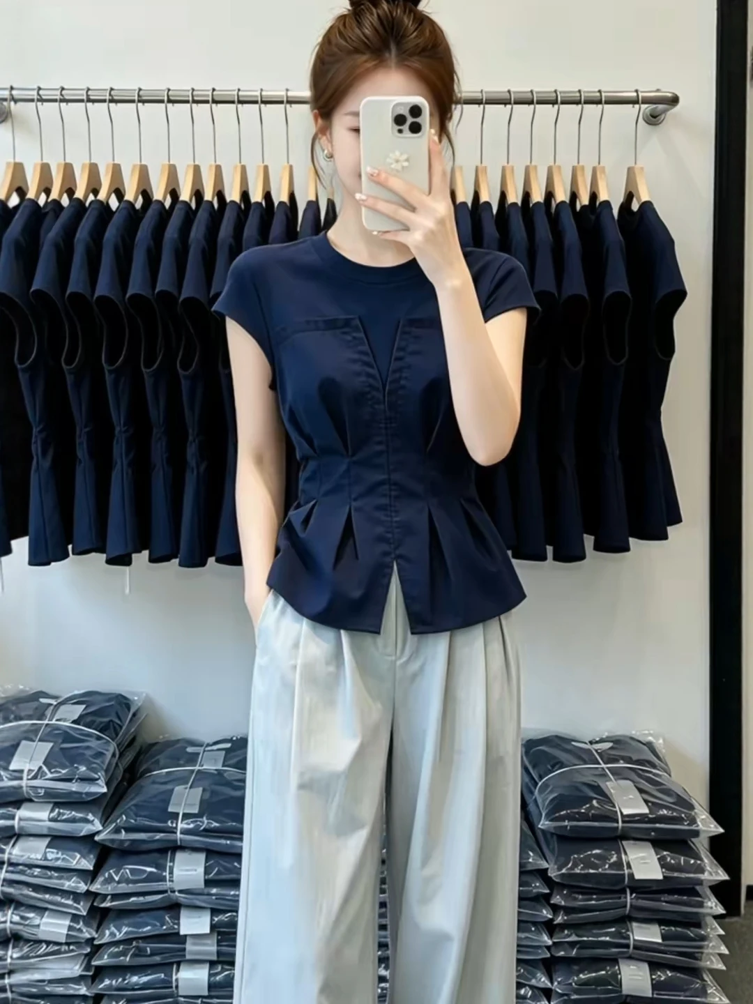 Slimming Short Sleeve T-Shirt Women's plus Size Summer New Style Euro Fashion Waist-Cinching Top Quality Korean Style Commute