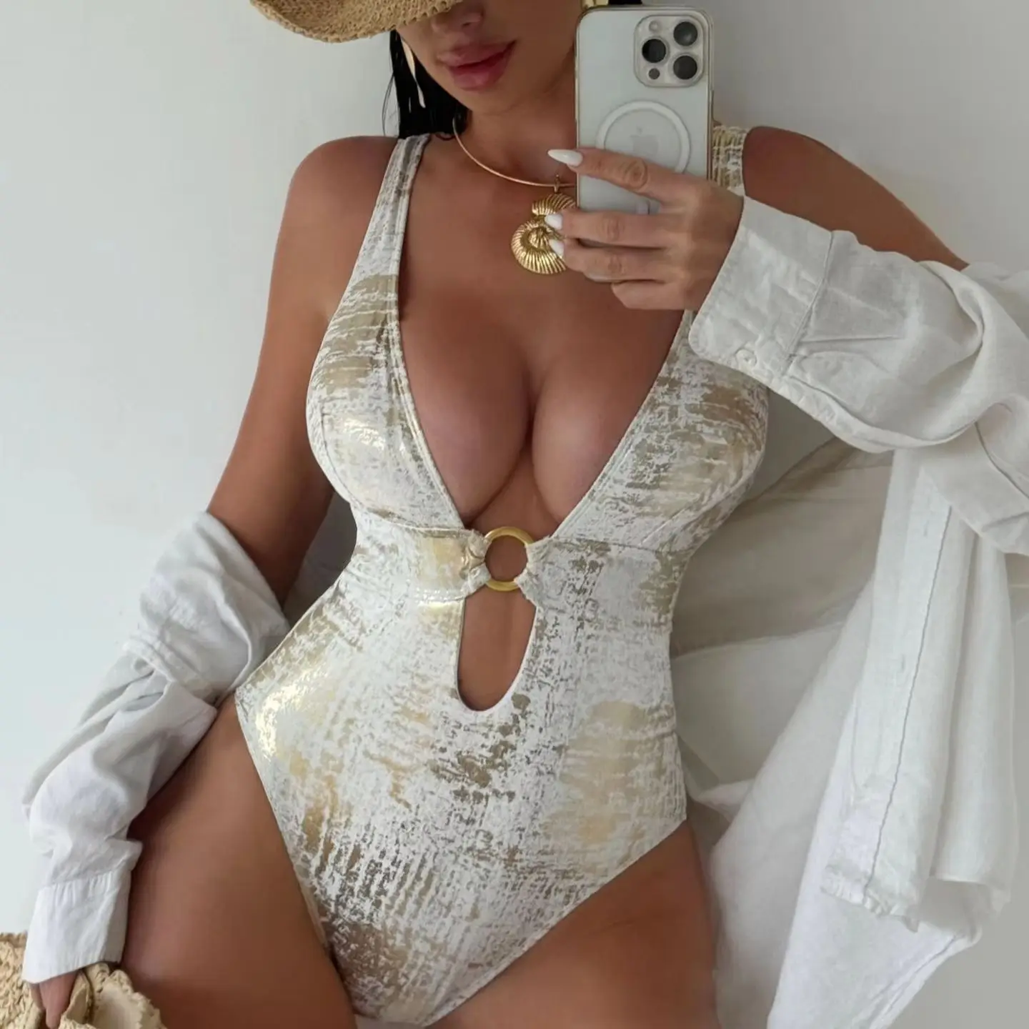 

DEKA Gold One Piece Swimsuit with Metal Ring V Neck Swimwear for Women Tummy Control Slimming Halter Bathing Suits Summer Femal