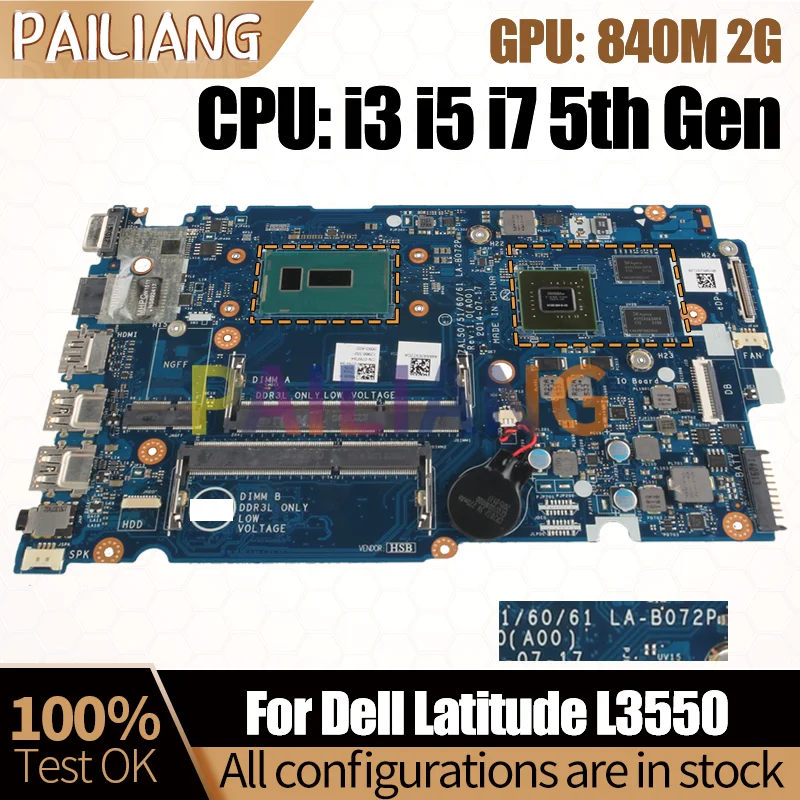 For DELL Latitude L3550 Laptop Motherboard LA-B072P i3 i5 i7 5th Gen With 840M 2G 0YG5J7 Notebook Mainboard Fully Test Perfetly
