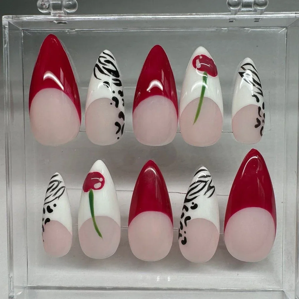 

French Handwork Cherry Press On Nails Art Party Sticker Nude Pink Red White Zebra Print Short Stiletto Nails Art Halloween Gift