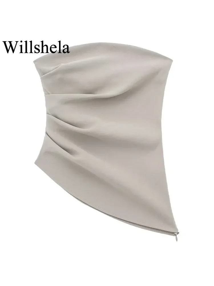 Willshela Women Fashion Pleated Bustier Asymmetrical Side Zipper Corset Tops Vintage Slash Neck Sleeveless Female Chic Top
