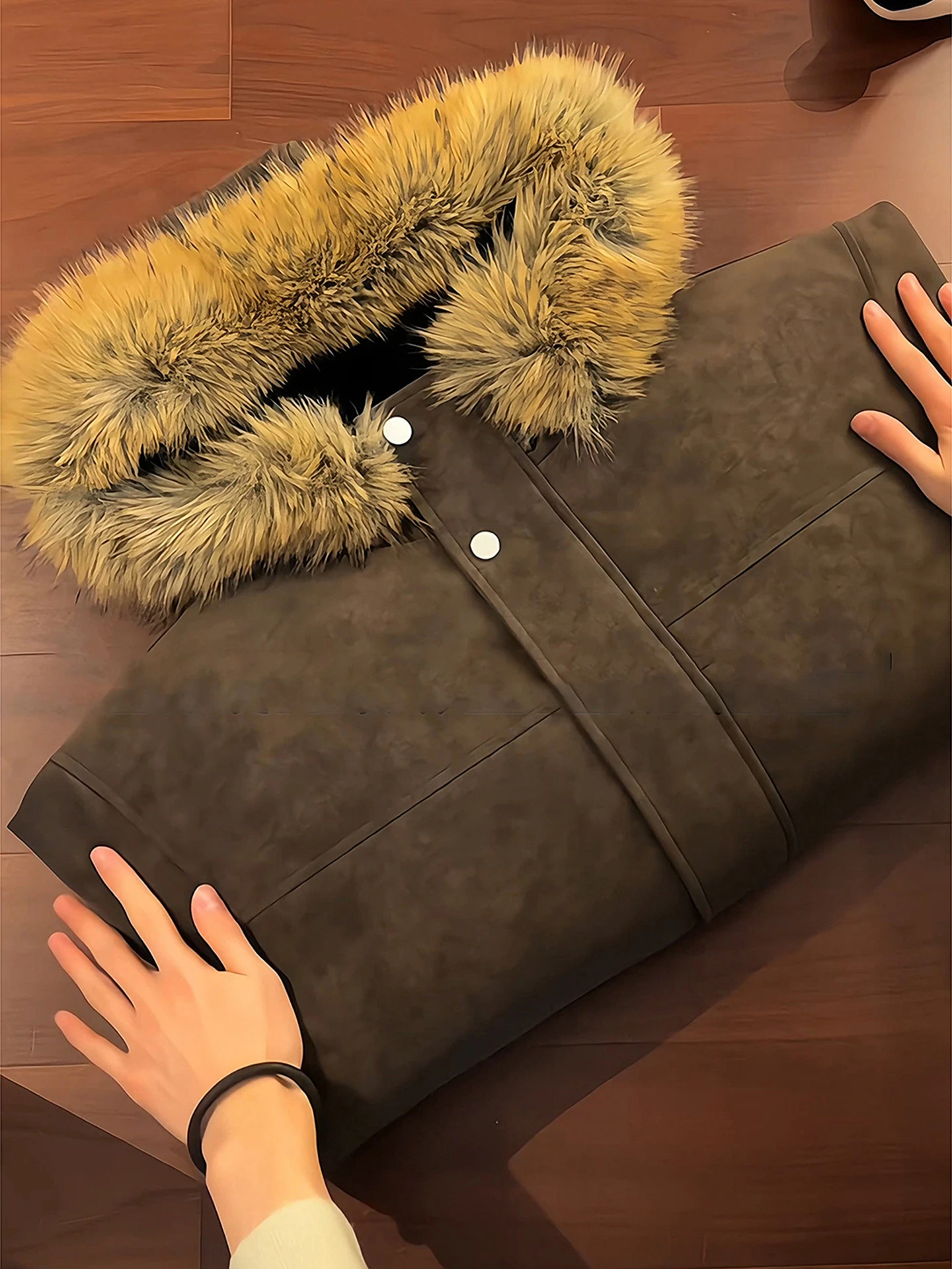 

American Sle Ombre PU Leather Cotton Jaet Men's Winter Vintage Mountain Eagle Fur Collar Thi Warm Outerwear for Couples