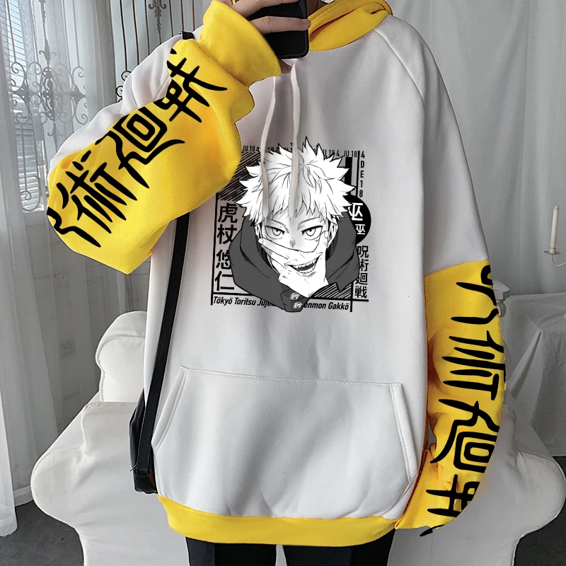 Jujutsu Kaisen Anime Hooded Itadori Yuji Graphic Print Men Women Patchwork Hoodies Oversized Streetwear Harajuku Male Sweatshirt