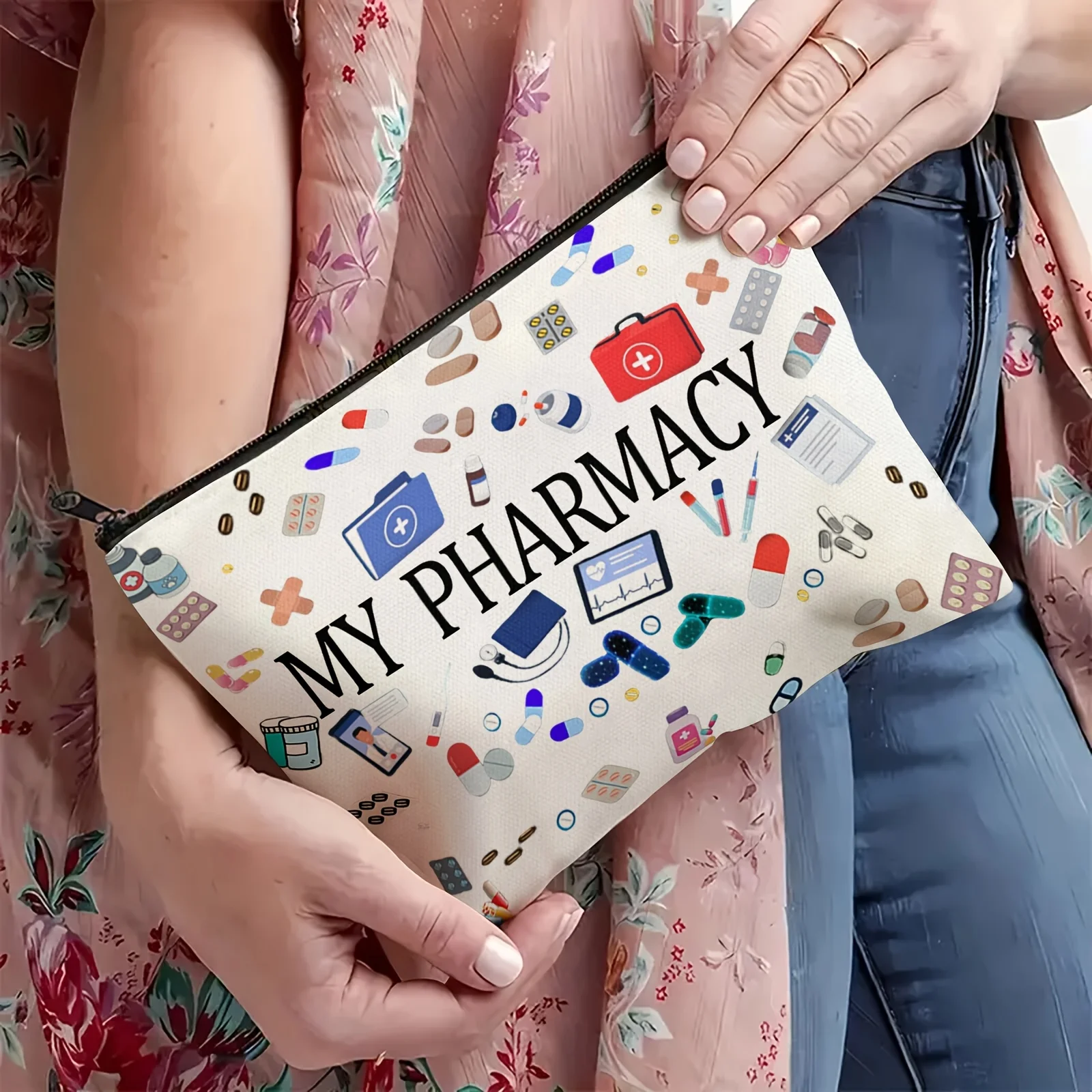 

1pc "My Pharmacy" Medicine Organizer Bag - Multifunctional Travel Cosmetic Pouch with Fun Medicine