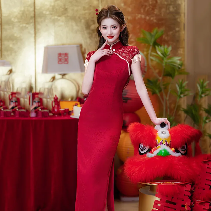 Red Lace Cheongsam Short Sleeve Improved Vintage Fishtail Dress Women Wedding Costumes Qipao S To XXXL