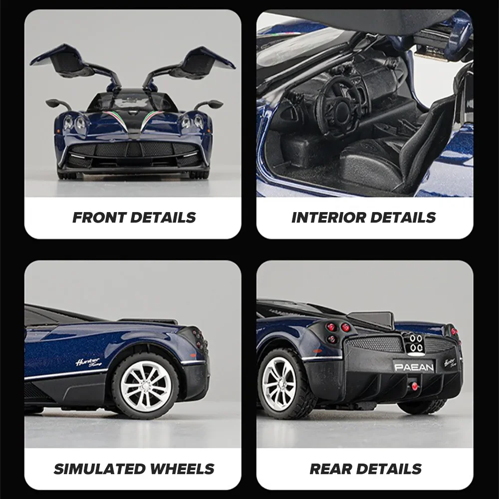 Pagani Huayra Dinastia-Metal Diecast Car Model para crianças, veículos de brinquedo para crianças, veículos ligeiros para meninos, som e luz, 1:36