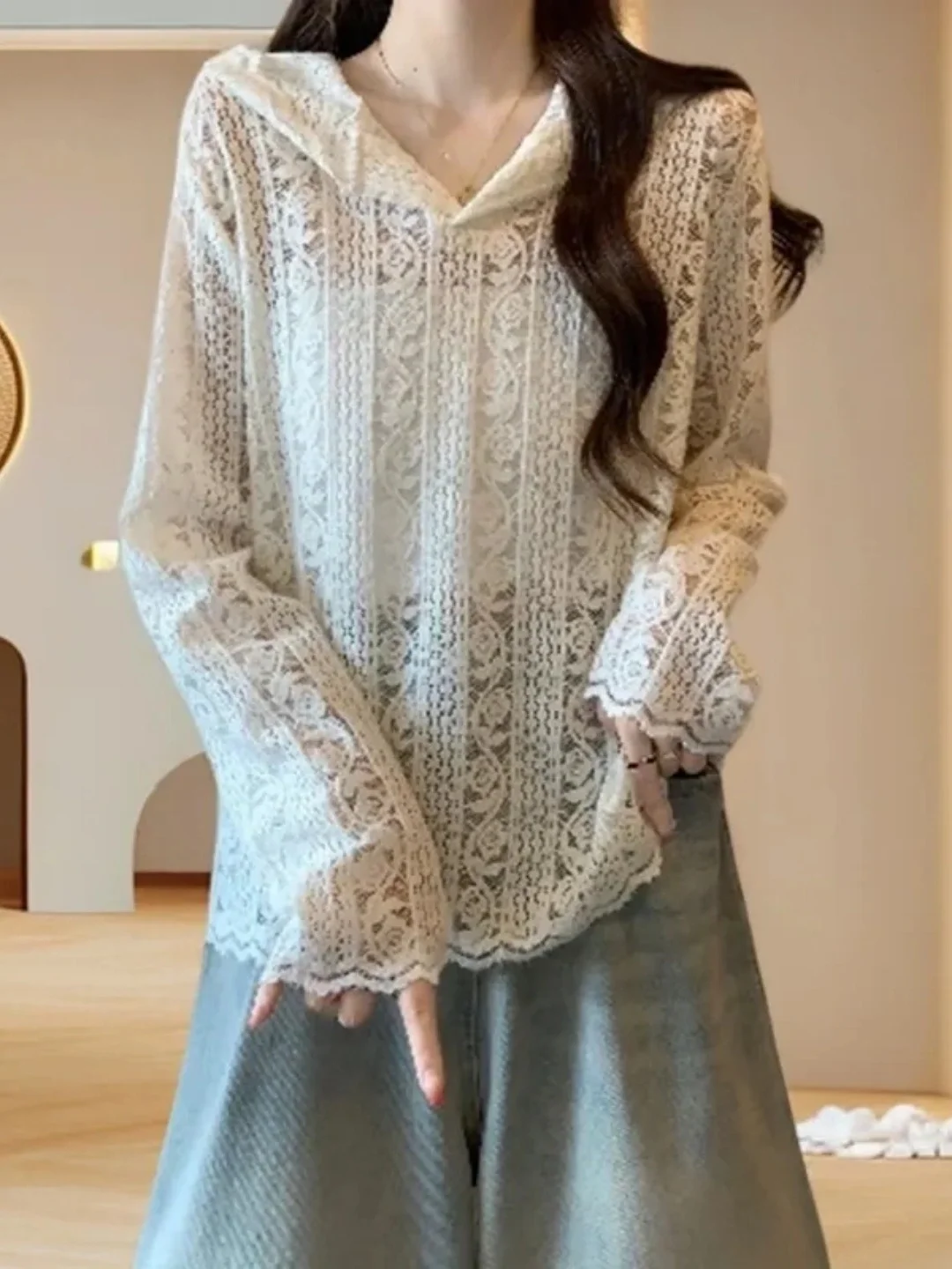 

Женская кружевная блузка больших размеров с открытым воротником, ажурным дизайном, длинными рукавами, свободного кроя, для полных женщин (до 300 фунтов)