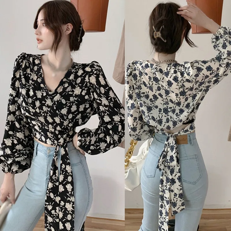 Women\'s Floral Print Blouse V Neck Sexy Lace Exposed Navel Long Sleeves Chiffon Shirts Tops