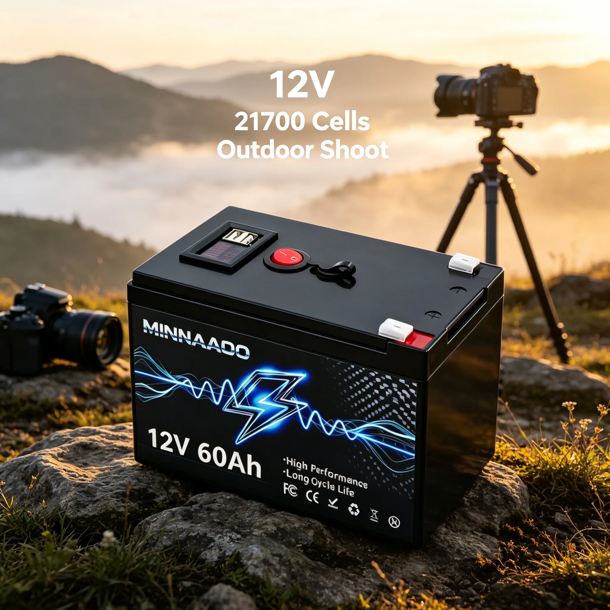 Batterie LiFePO4 12V 60Ah avec BMS de protection intégré, cellules 21700 haute capacité, unité rechargeable à décharge profonde pour camping en plein air et détecteur de poissons.