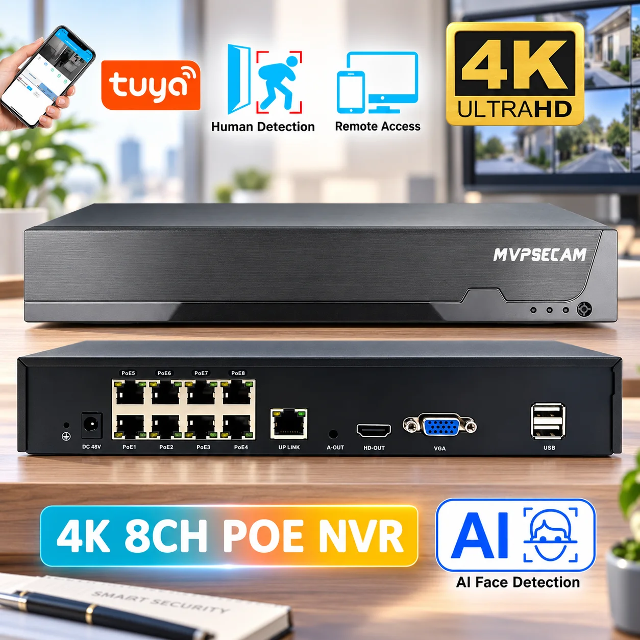 Tuya 8CH 4K 8MP POE NVR H.265 Smart Network Video Recorder for Security Surveillance Camera Systems with POE Remote Access