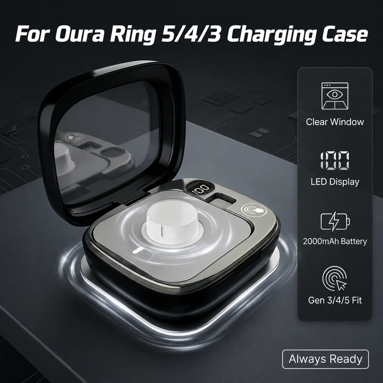 For Oura Ring 5/4/3 Portable Charging Case 2000mAh Battery Clear Window LED Display Smart Ring Charger Storage Box
