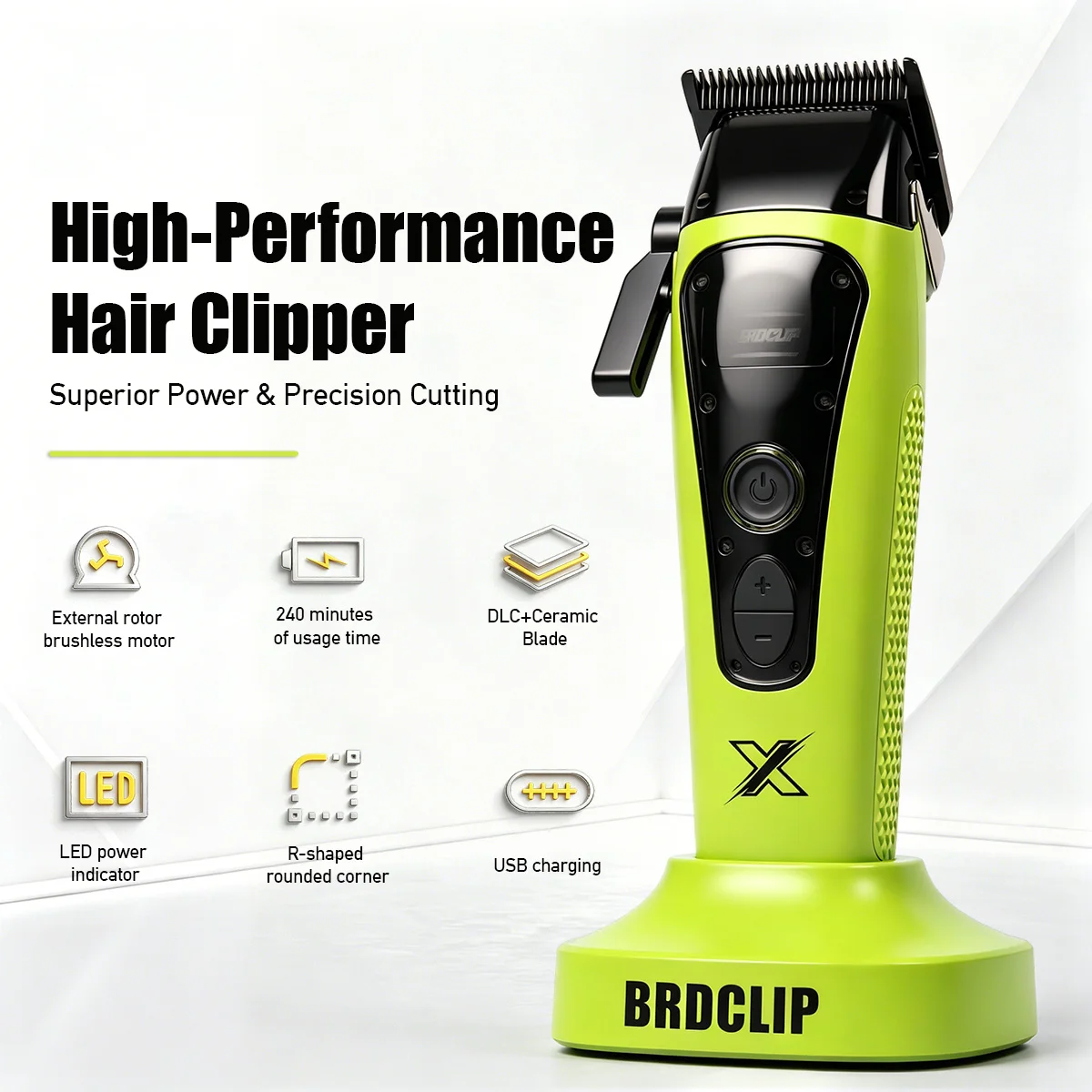 BRDCLIP R1 Green New External Rotor 7000-7500-8000RPM Brushless Motor Professional Electric Hair Clipper DLC Blade with Base Bar