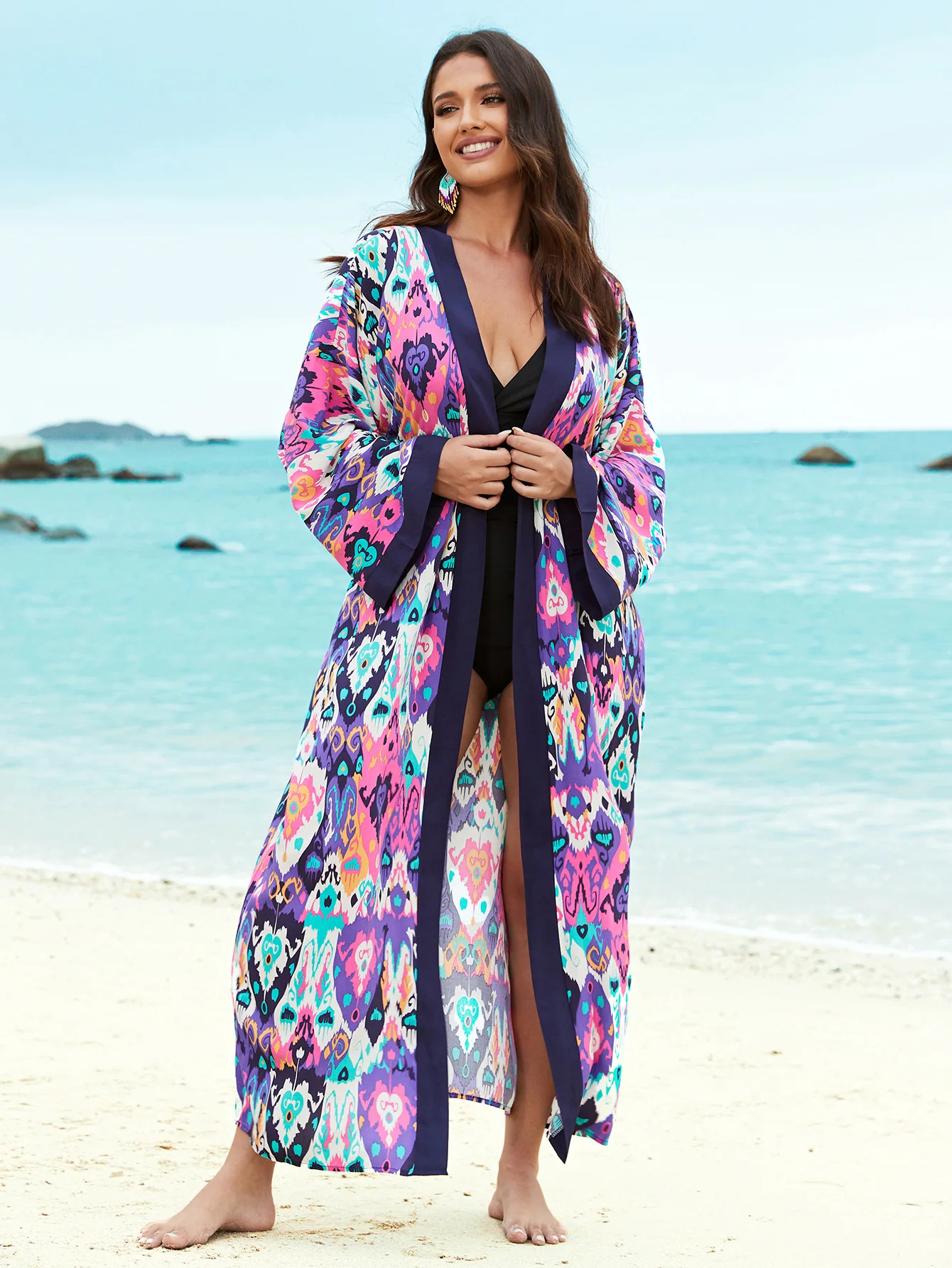 Strand Kimono Vrouwen Cover-Ups Voor Badmode Met Bloemen Bedrukt Met Lange Mouwen, Wikkel Jurken Voor De Feestdagen Badpakken