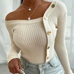 Fashion Women Autumn Blouse One Shoulder Ribbed Buttons Jumper Slim Knit Sweater Knitwear Off Shoulder Slim Knitted Sweaters