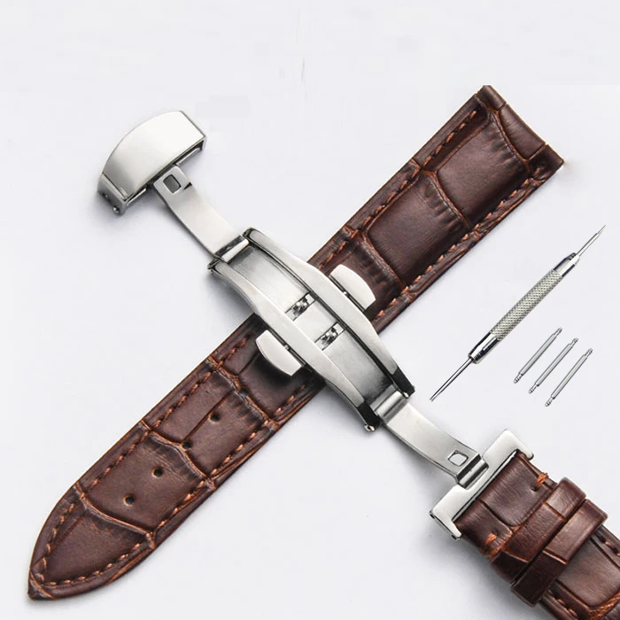 Watch Band Strap Butterfly Pattern Genuine Leather Deployant Buckle Bracelet Brown Black Watchbands 12-24mm