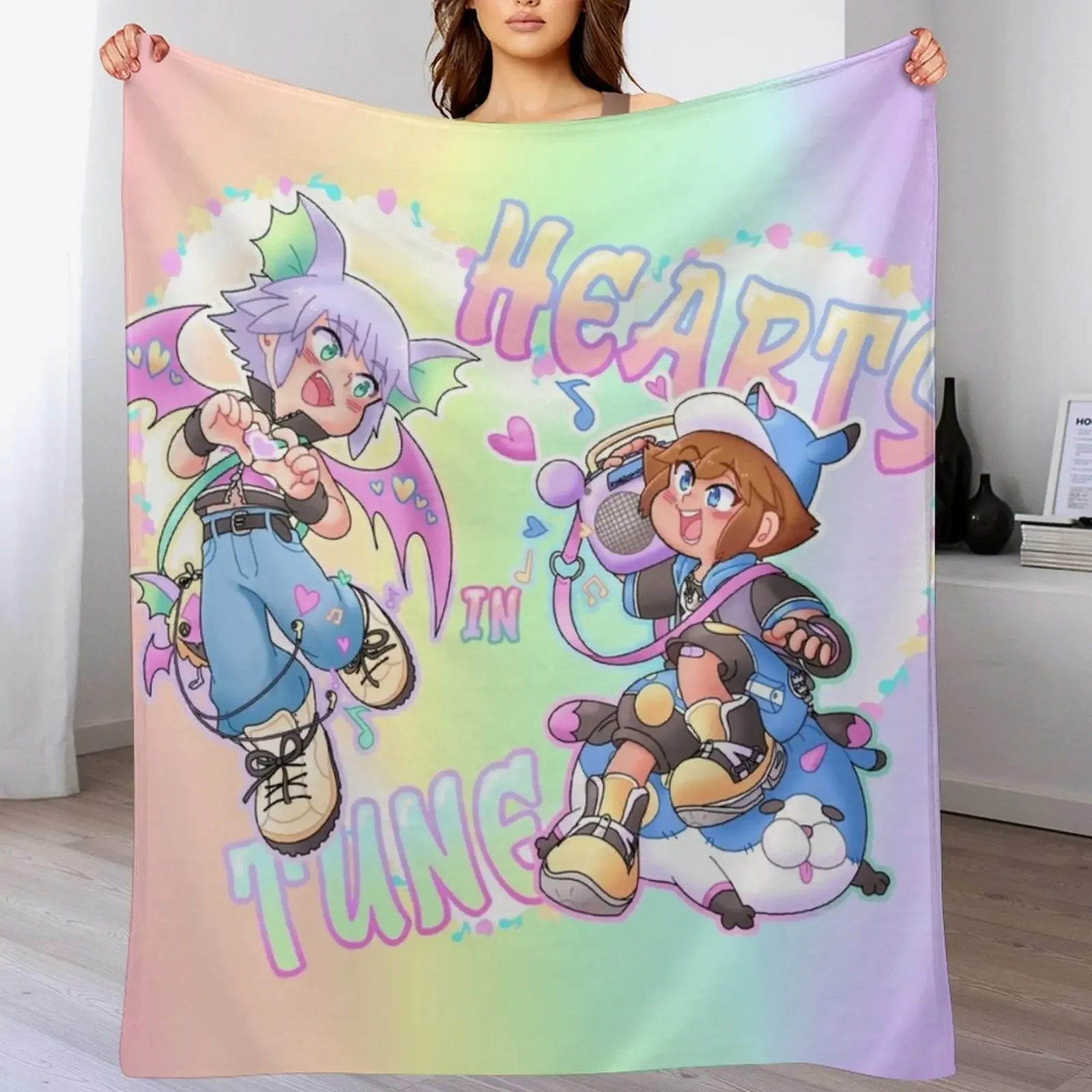Hearts in Tune (BLANKET & rainbow BG) Throw Blanket Faux Fur Soft Warm Blanket for Bed