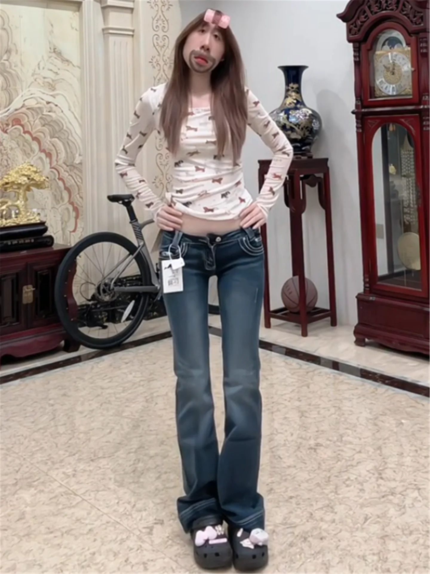 

Extended Length Slim Fit Bell Bottom Jeans Deep Blue Low Waist for Women Casual Spring Long Leggings Trousers