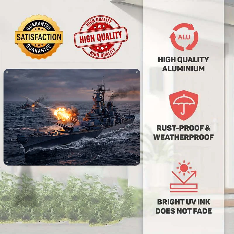 Battleship Firing Cannons At Sea Metal Poster Perfect Gift for Fans Lovers Personalized Wall Art Metal Sign for Office Decor