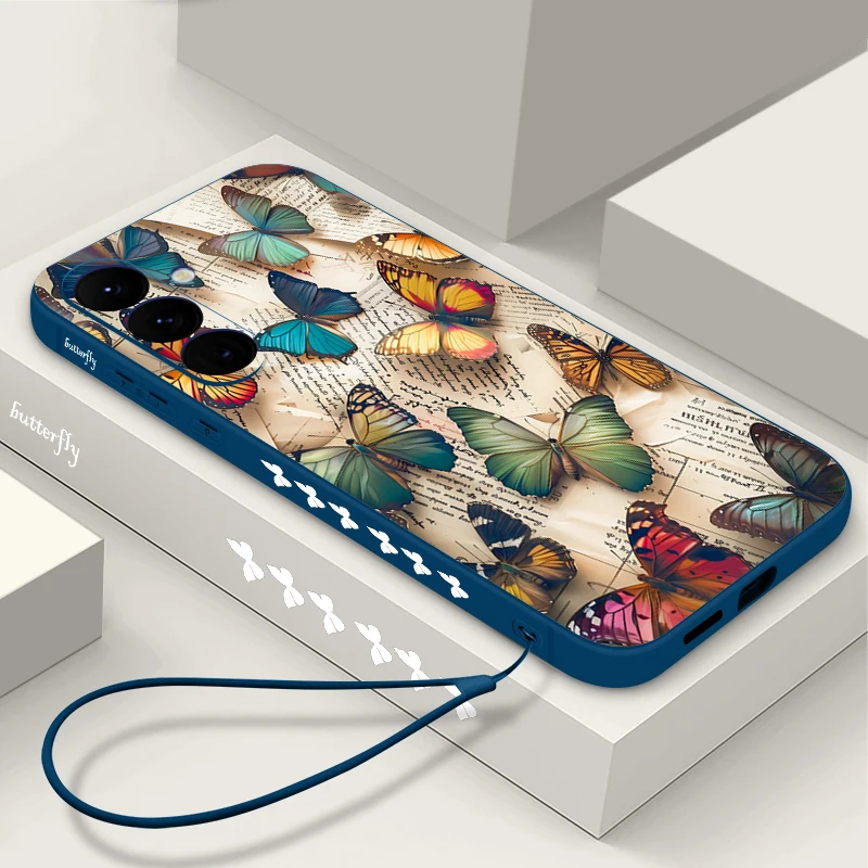 Soft TPU Lanyard Case For Samsung Galaxy S26 S24 S25 Ultra S23 S24 FE A17 A56 A55 A36 A15 A16 A25 Colorful Butterfly Back Cover