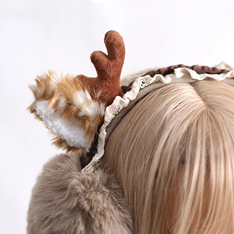 Lolita Girl Christmas Warm Elk Deer Earmuffs Headband New Year Plush Foldable Ear Protector Hair Band Gift