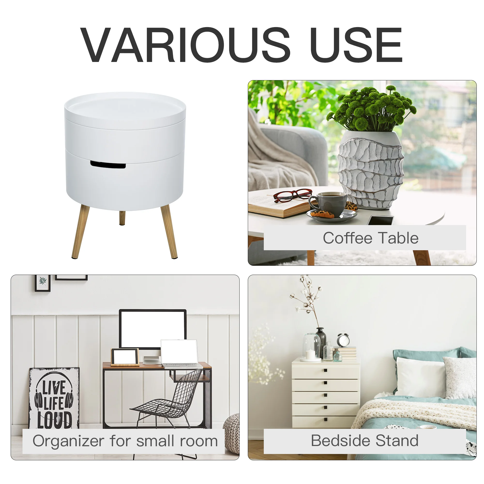 HOMCOM Side Coffee Table End Desk Night Stand Storage w/ Detachable Tray, White